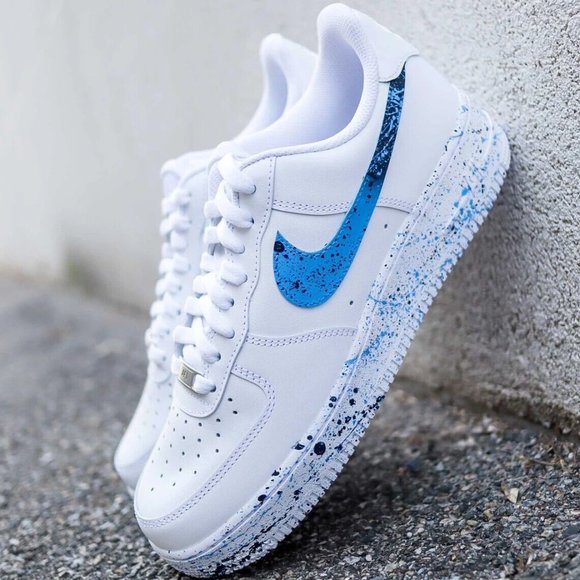 ? Nike Air Force 1 Custom Light & Dark Blue Splatter ? Swoosh White Shoes Mens main image 12